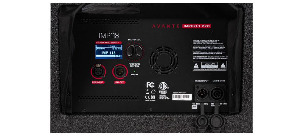 Photo of the rear panel of the Imperio Pro IMP118 subwoofer